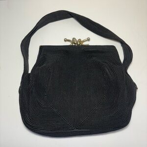 Genuine Corde Kiss Handbag Purse Black Gold 6”-9” W Graduated Kiss Closure 1940